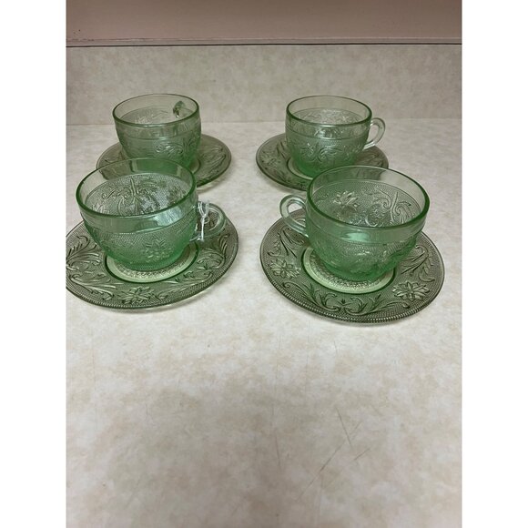 Vintage Tiara Club Light Green Tea Cups & Saucers, Set of 4 Chantilly Green - Picture 1 of 4